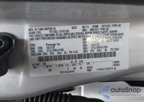 2015 Ford Focus Se z USA, uszkodzony, nr VIN 1FADP3F27FL376330